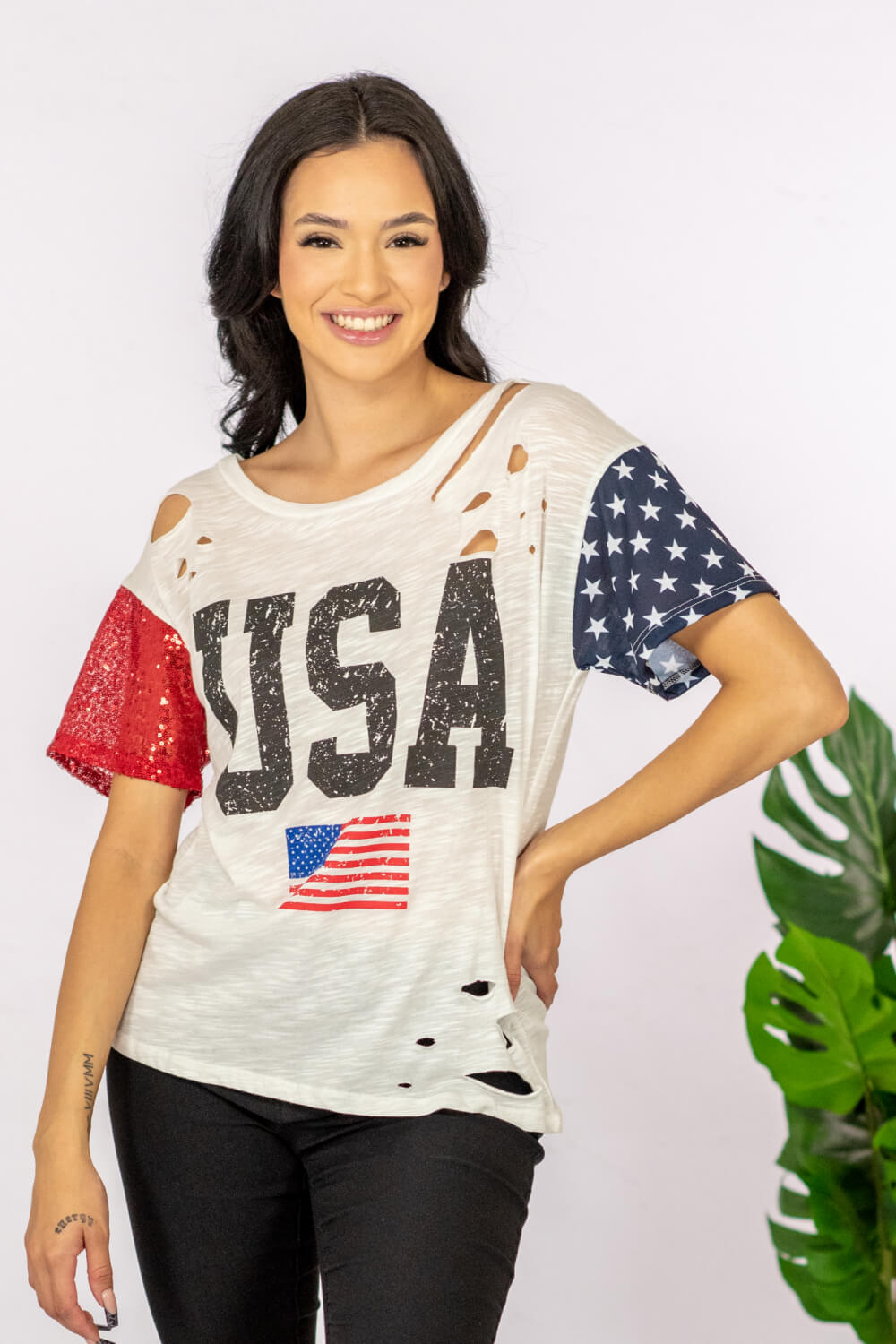 USA Sequin Graphic Distressed Tee Shirt