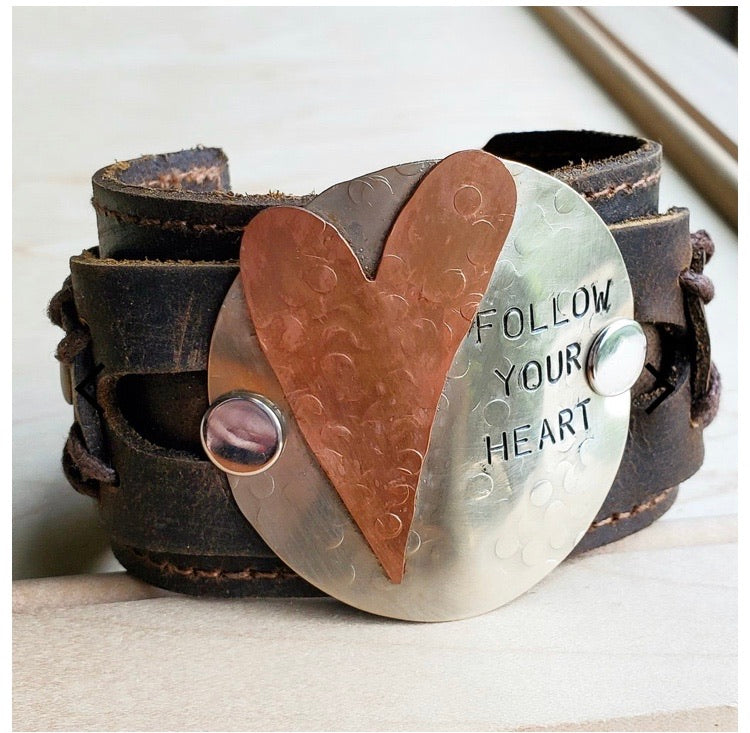 FOLLOW YOUR HEART Distressed Leather Cuff