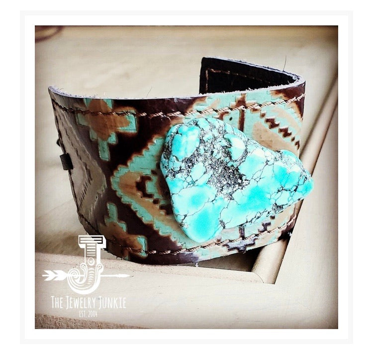 Leather Cuff w/ Leather Tie-Turquoise Navajo and Turquoise Slab