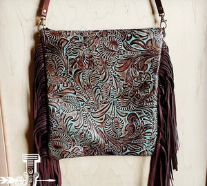 Embossed Leather Turquoise Brown Floral Crossbody Handbag