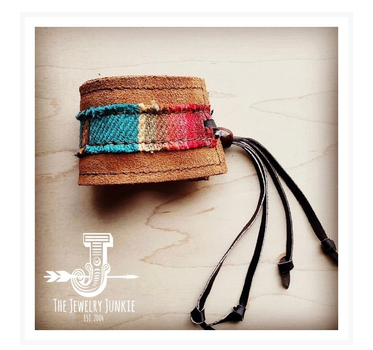Leather Cuff w/ Leather Tie-Brown Suede and Turquoise Serape