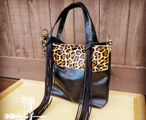 Tejas Leather Bucket Hide Handbag with Leopard