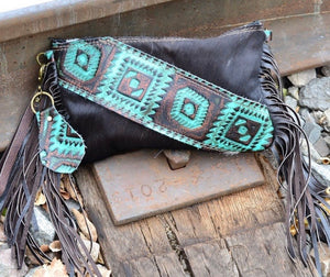 Hair on Hide Clutch with Turquoise Aztec Accent