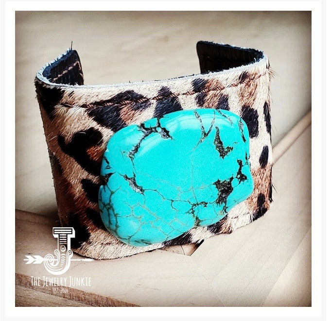 Leather Cuff w/ Leather Tie-Leopard Hide and Turquoise Slab