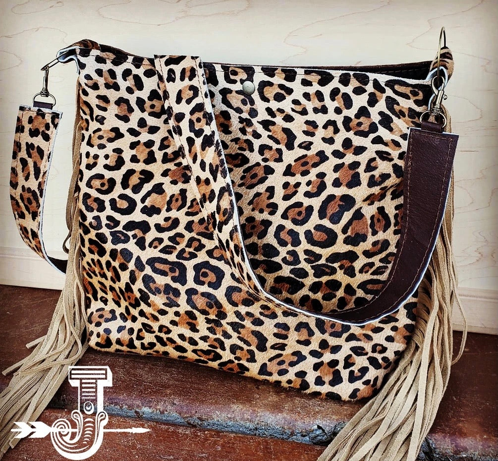 Tejas Leather Bucket Leopard Handbag with Tan Fringe