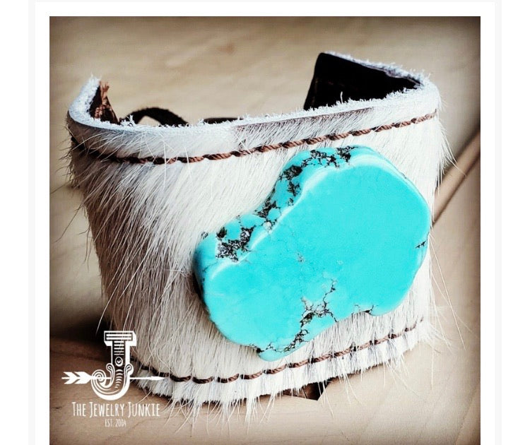 Leather Cuff w/ Leather Tie-White Hide and Turquoise Slab