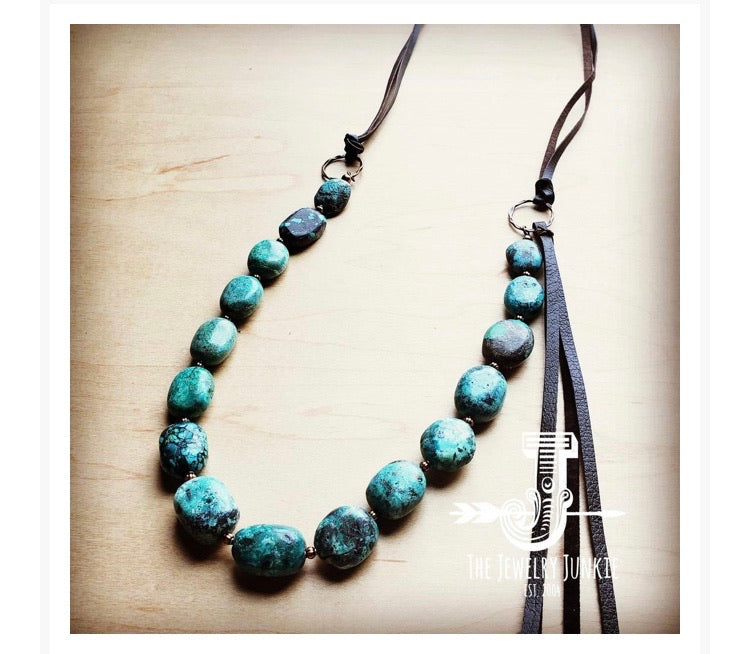 Natural Turquoise Puffy Necklace w/ Leather Side Tassel