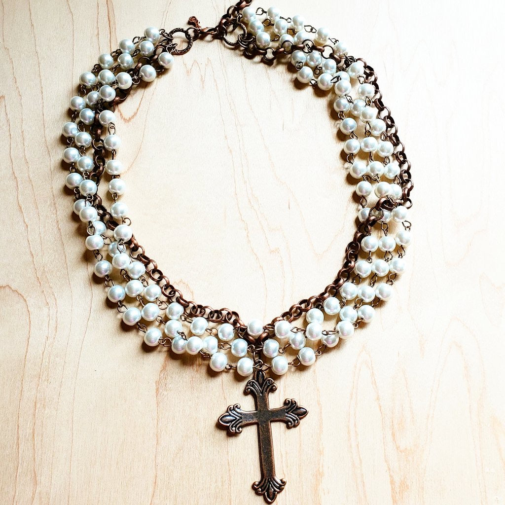 Pearl and Copper Collar-Length Necklace with Copper Cross