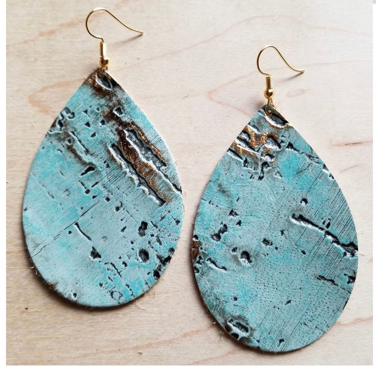 Leather Teardrop Earrings in Turquoise Metallic