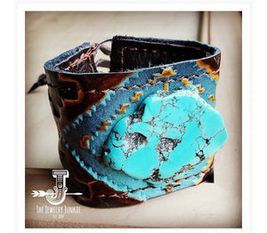 Leather cuff with Leather Tie-Blue Navajo and Turquoise Slab
