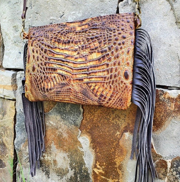 Savannah Leather Gator Embossed Clutch Handbag