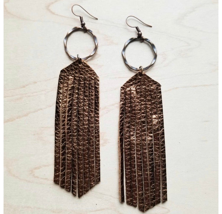 Metallic bronze leather fringe earrings