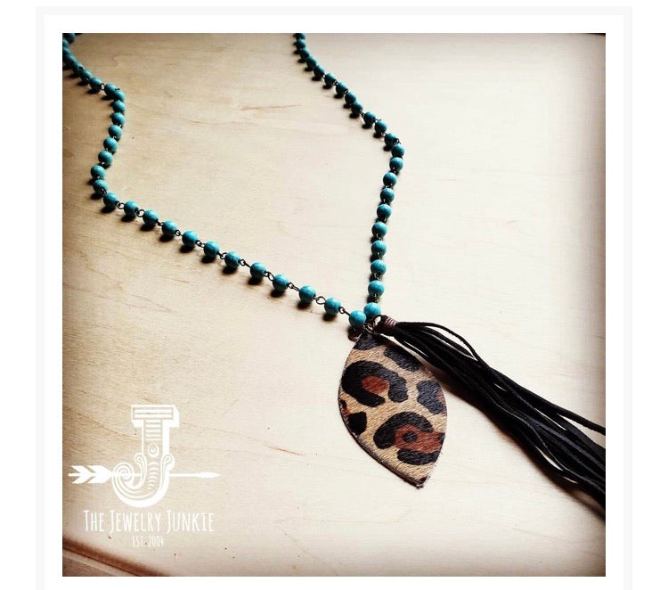 Long Blue Turquoise Chain Necklace w/ Leopard Pendant Tassel