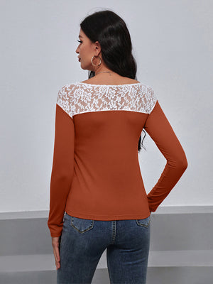 Ivy Lane Lace Trim Long Sleeve Round Neck Tee