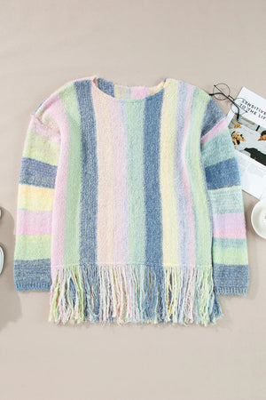 Fringe Color Block Round Neck Sweater