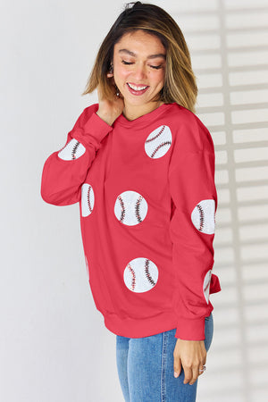 Sequin Baseball Round Neck Dropped Shoulder Sweatshirt