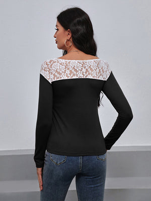 Ivy Lane Lace Trim Long Sleeve Round Neck Tee