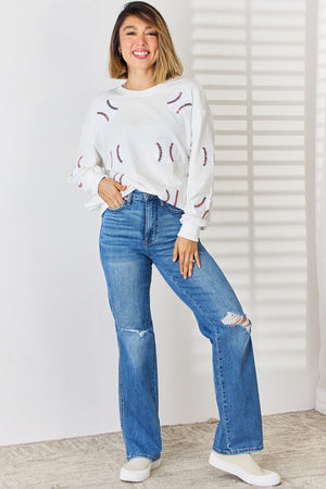 Sequin Baseball Round Neck Dropped Shoulder Sweatshirt