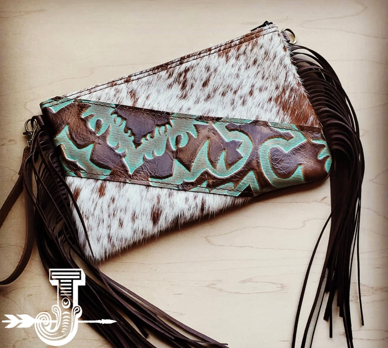 Hair on Hide Handbag w/ Leather Fringe Turquoise Laredo Accent