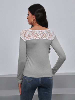 Ivy Lane Lace Trim Long Sleeve Round Neck Tee