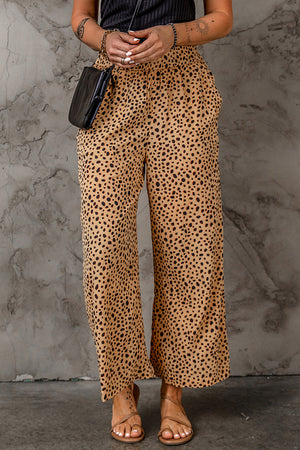 Leopard Print Wide Leg Pants with Pockets