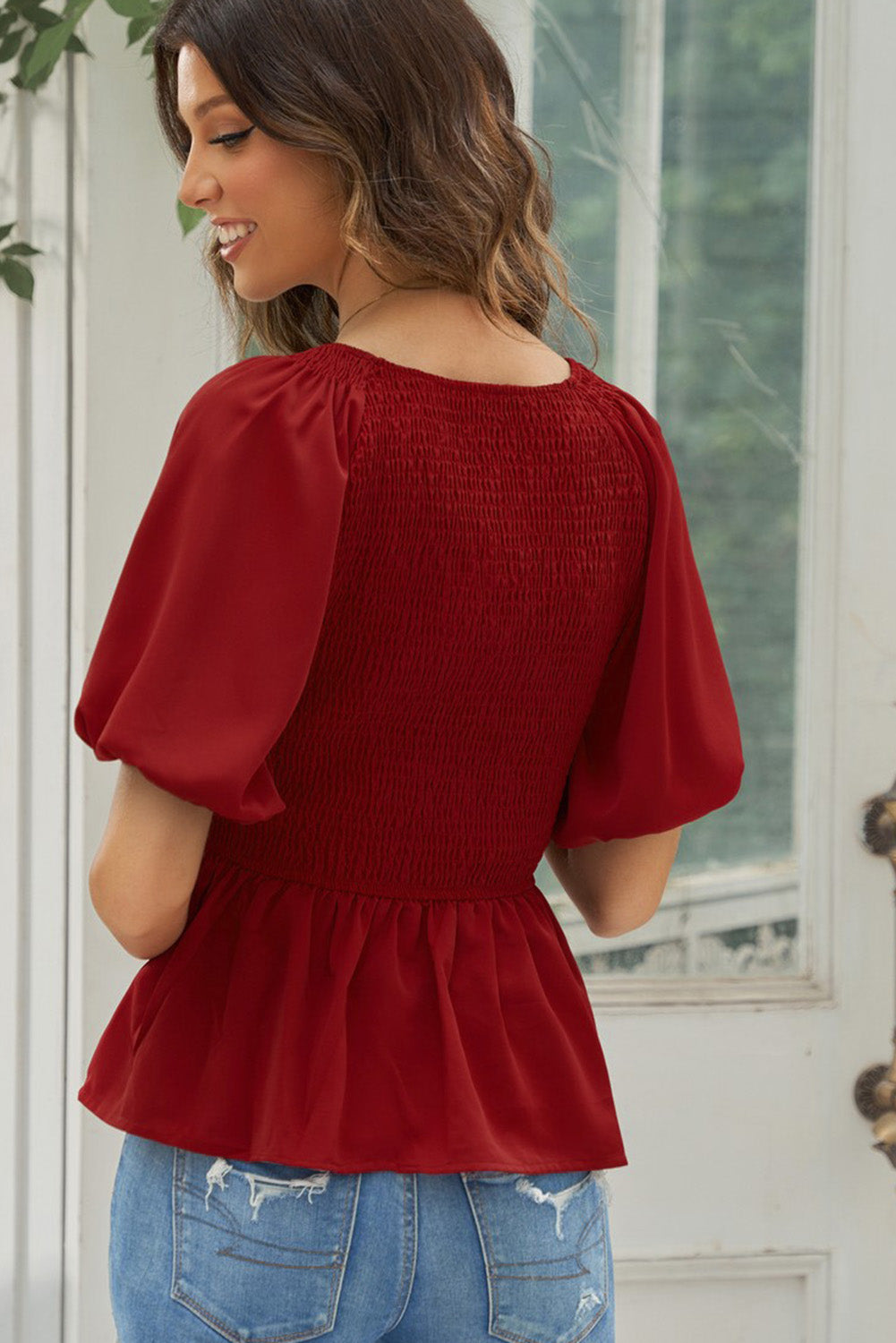 Smocked Balloon Sleeve Peplum Blouse