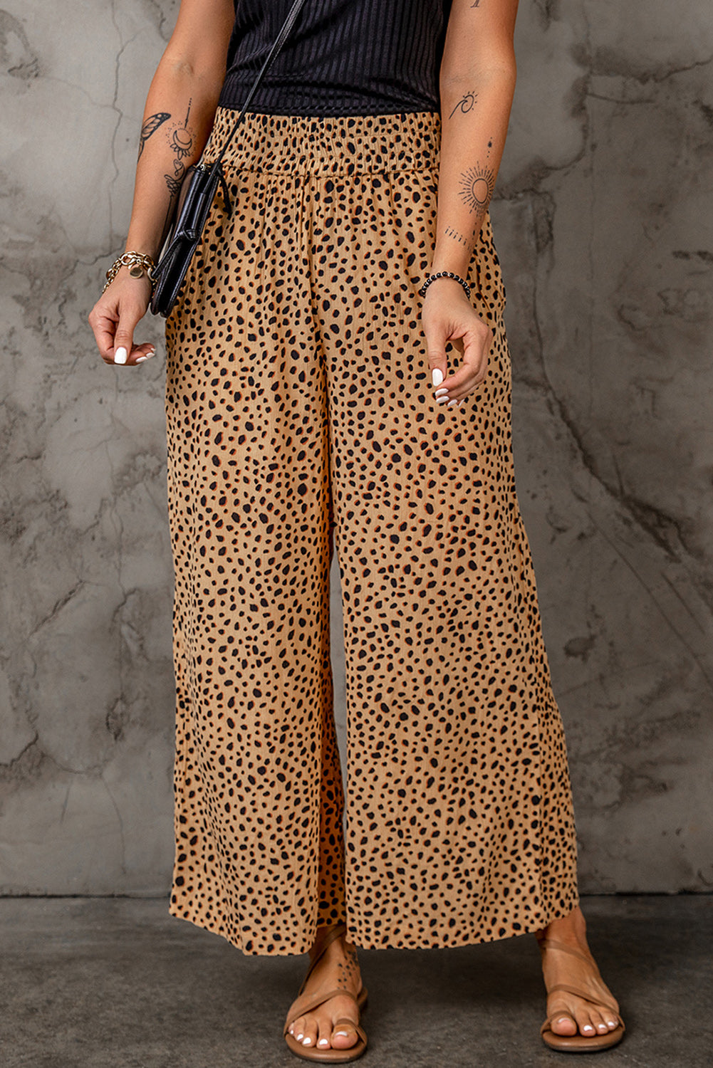 Leopard Print Wide Leg Pants with Pockets