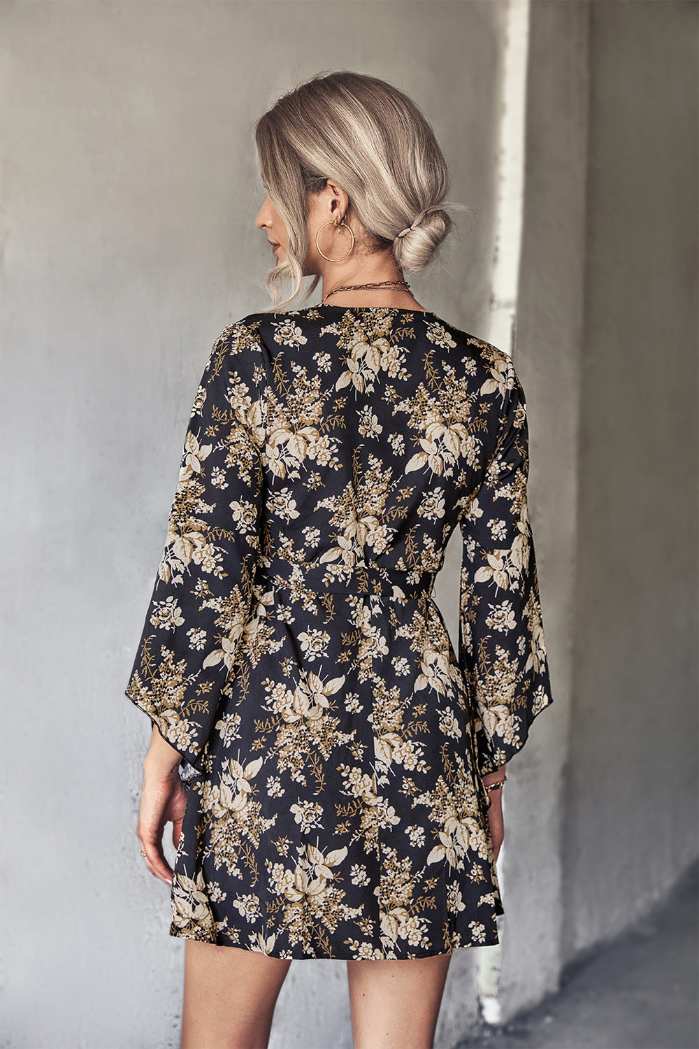 Floral Flare Sleeve Tie-Waist Dress