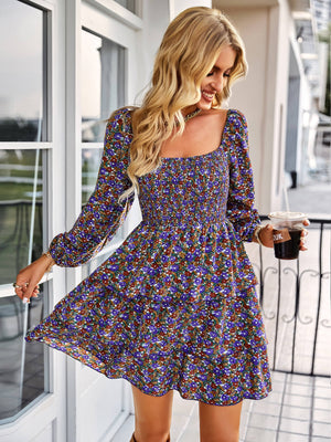 Ditsy Floral Smocked Square Neck Layered Mini Dress