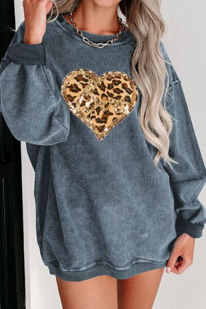 Heart Leopard Sequin Round Neck Sweatshirt