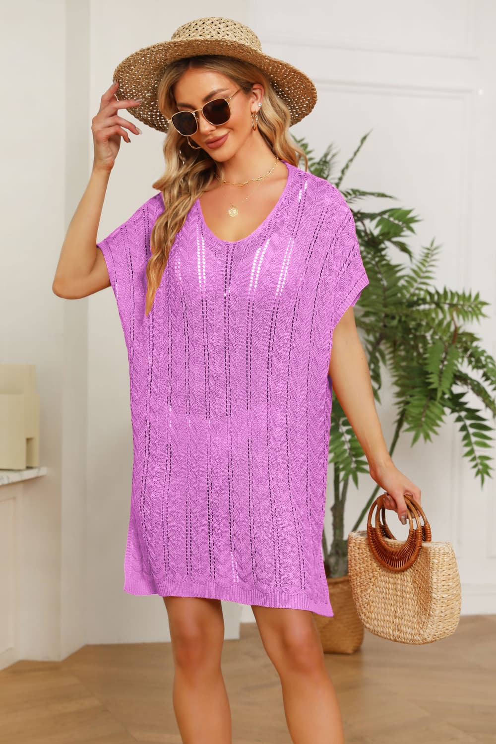 Openwork Side Slit Knit Dress Heliotrope Purple / One Size
