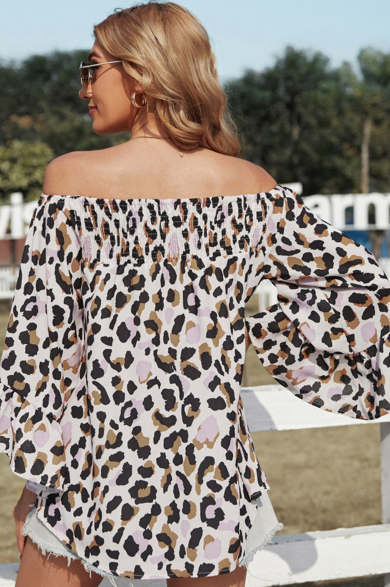 Leopard Off Shoulder Flared Sleeve Top