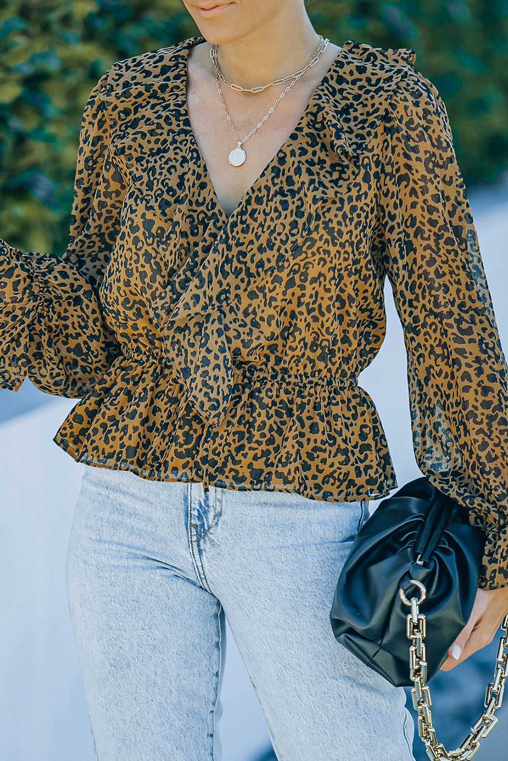 Leopard Ruffled V-Neck Peplum Blouse