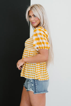 Sunny Meadow Full Size Run Gingham Babydoll Top