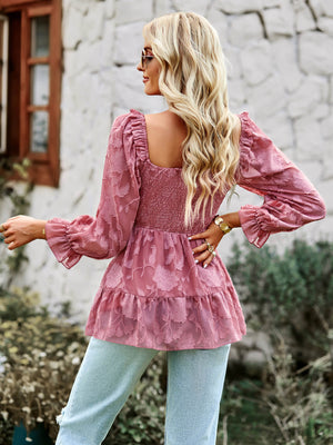 Flounce Sleeve Applique Smocked Peplum Top