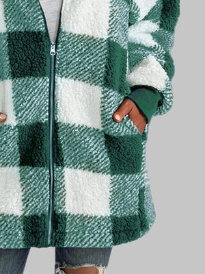 Plaid Zip-Up Hooded Jacket with Pockets