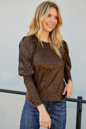 Sequin Puff Sleeve Round Neck Top