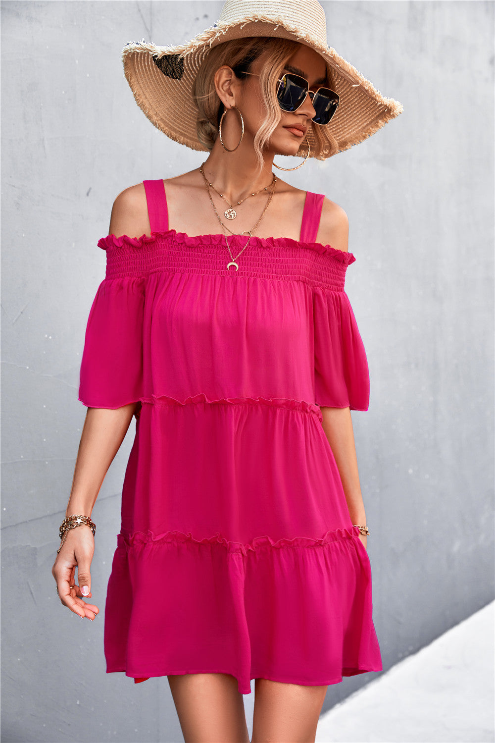 Cold-Shoulder Frill Trim Mini Dress - Accessories in the City Cold-Shoulder Frill Trim Mini Dress - Accessories in the City