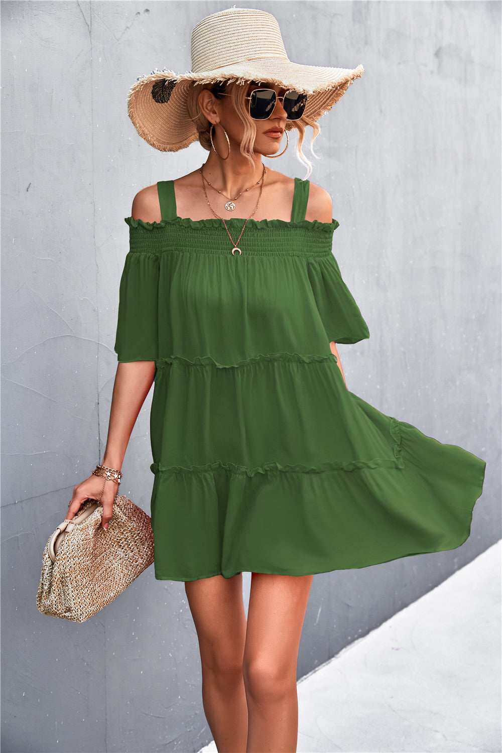 Cold-Shoulder Frill Trim Mini Dress - Accessories in the City Cold-Shoulder Frill Trim Mini Dress - Accessories in the City