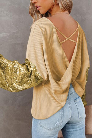 Sequin Waffle-Knit Blouse