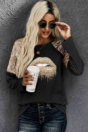 Lip Graphic Sequin Long Sleeve T-Shirt