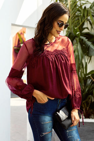 Contrast Sheer Mesh Lace Up Blouse