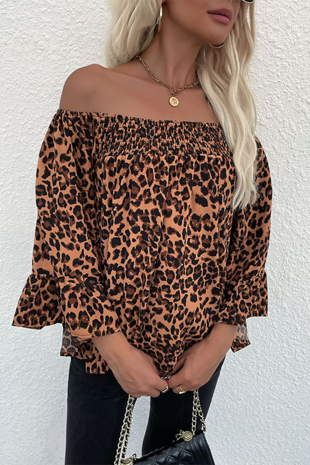 Leopard Flared Sleeve Off-Shoulder Blouse