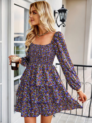 Ditsy Floral Smocked Square Neck Layered Mini Dress