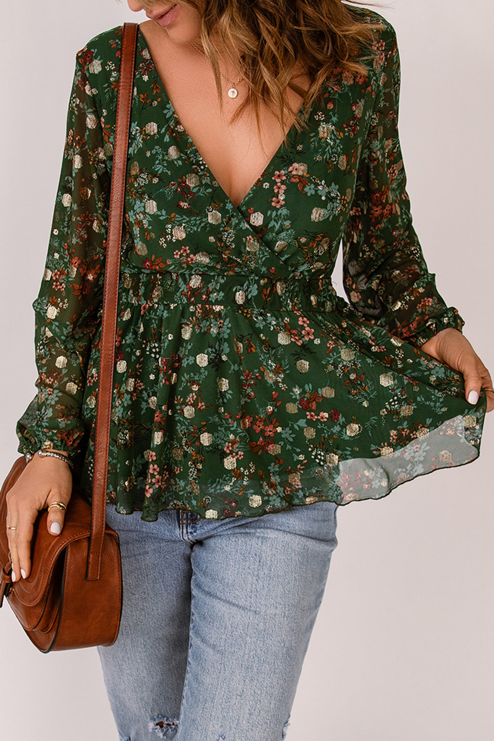 Floral Surplice Peplum Blouse