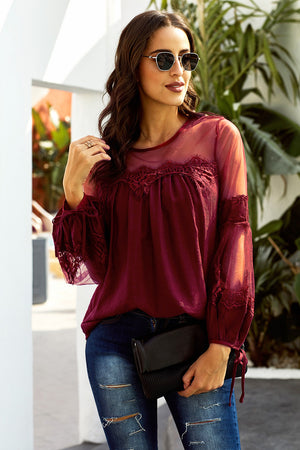Contrast Sheer Mesh Lace Up Blouse