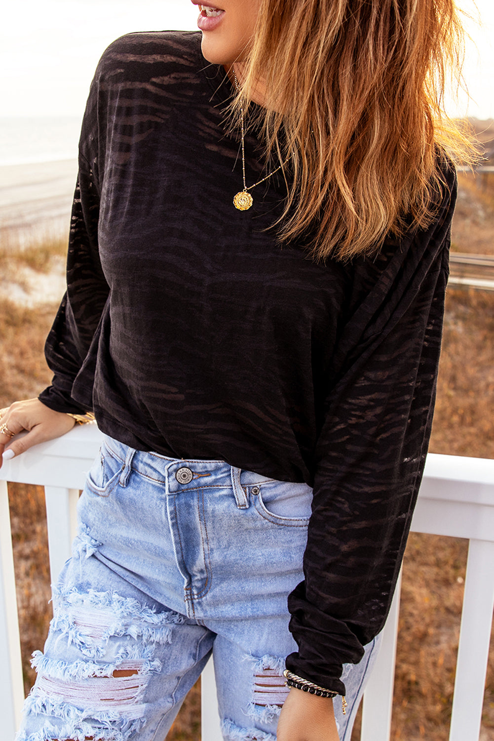 Zebra Print Dropped Shoulder Long Sleeve Top