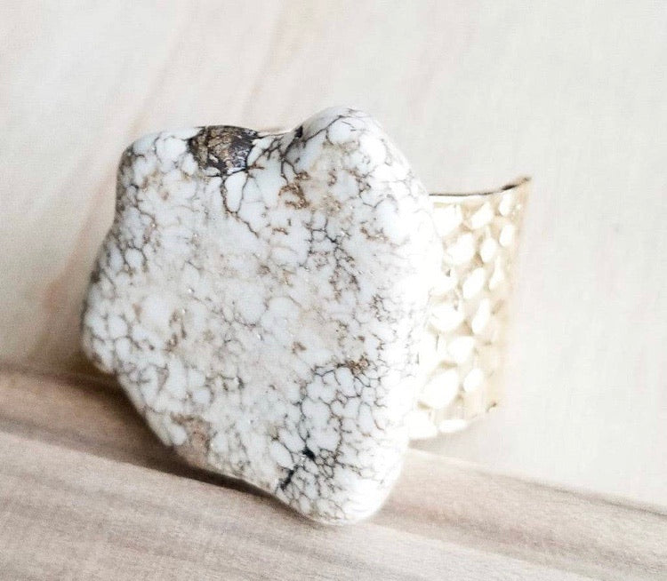 Chunky White Turquoise Slab on Hammered Gold