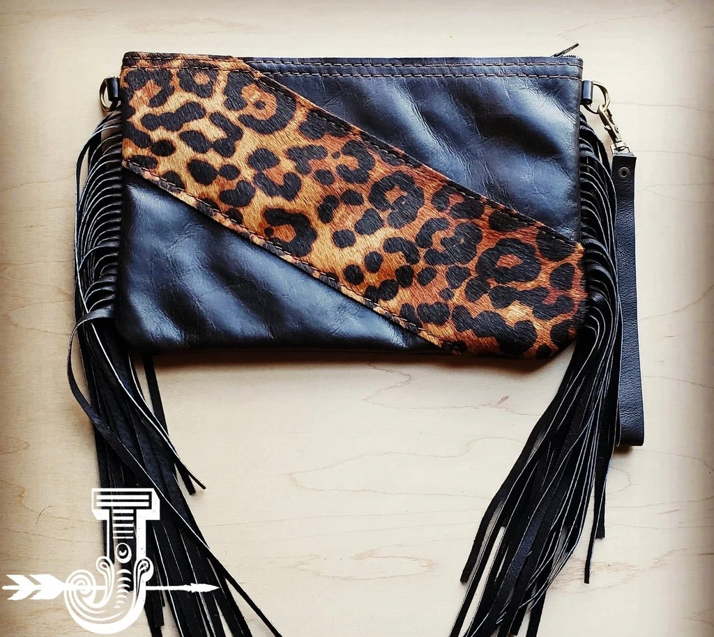 Leather Clutch Handbag w/ Fringe & Leopard Accent