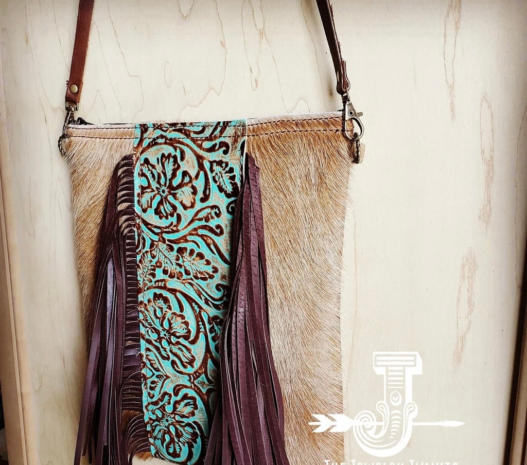 Hair-on-Hide w/ Center Cowboy Turquoise Crossbody Handbag